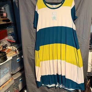 LuLaRoe Jessie Teal, Green, and White Striped Midi Dress